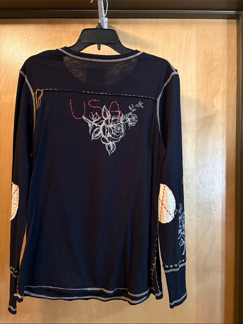 Double D Ranch United We Stand Black Long-Sleeve Tee with Distressed Flag/Studs - Picture 3 of 7